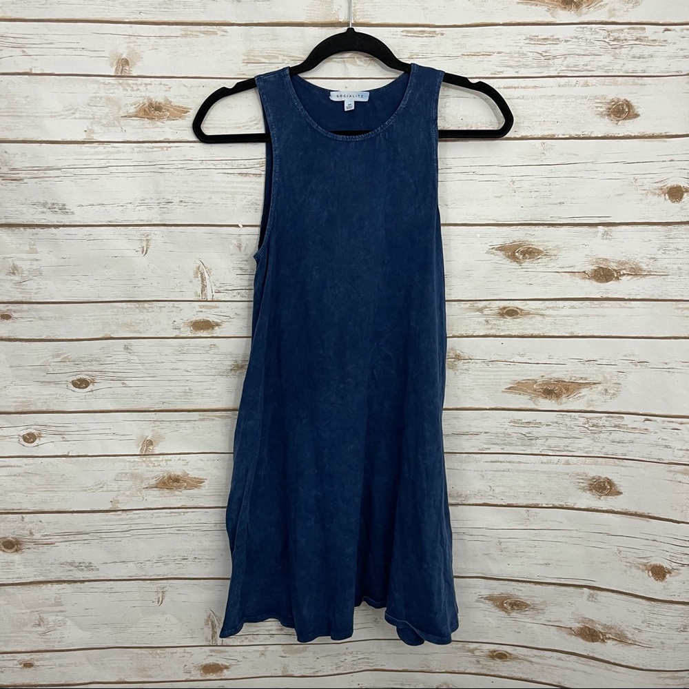 Socialite Blue Acid Wash Tank Dress Pockets Beachy Vacation